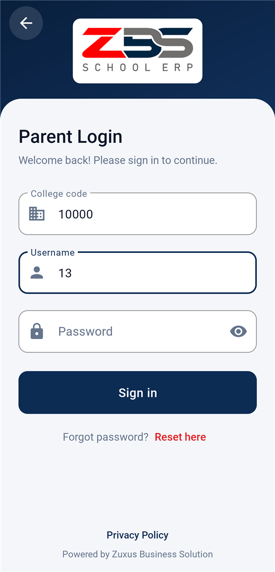 Parent login screen