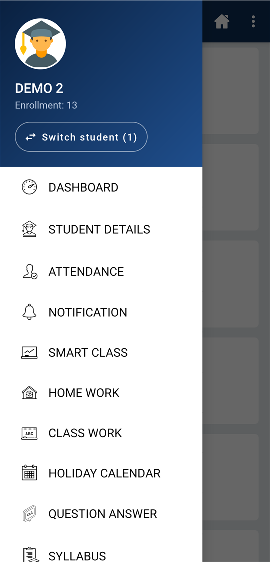 Navigation menu with student switcher