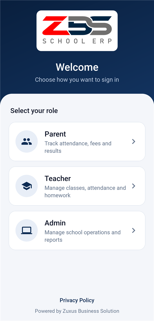 ZBS e-School role selection screen